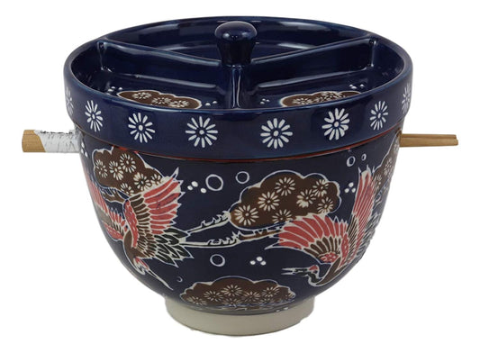 Ebros Japanese Dining Tempura Udon Noodles And Tentsuyu Dipping Sauce Large 6"D Bowl With Condiment Divider Lid And Built In Chopsticks Rest With Bamboo Chopsticks Set (Blue Japanese Stork)