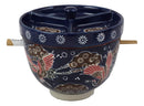 Ebros Japanese Dining Tempura Udon Noodles And Tentsuyu Dipping Sauce Large 6"D Bowl With Condiment Divider Lid And Built In Chopsticks Rest With Bamboo Chopsticks Set (Blue Japanese Stork)
