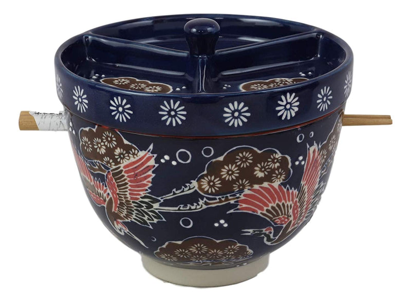Ebros Japanese Dining Tempura Udon Noodles And Tentsuyu Dipping Sauce Large 6"D Bowl With Condiment Divider Lid And Built In Chopsticks Rest With Bamboo Chopsticks Set (Blue Japanese Stork)