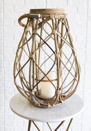 19"H Rustic Farmhouse Teardrop Woven Rattan Candle Lantern With Jute Rope Handle