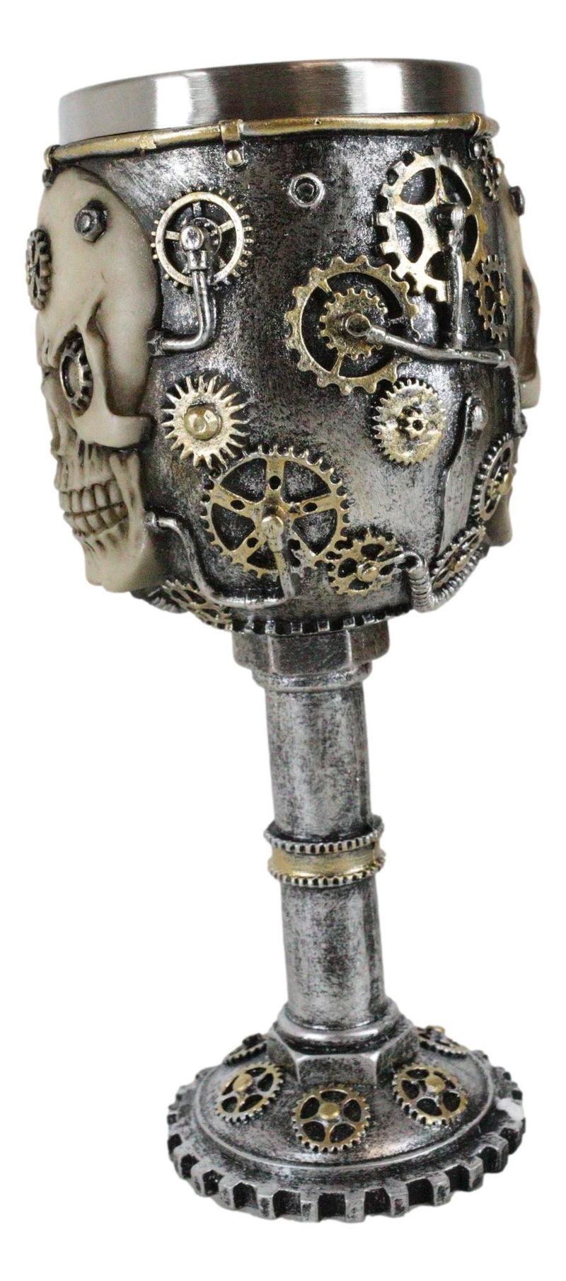 Silver Steampunk Mechanical Gearwork Skull Face Wine Goblet Drink Chalice Cup