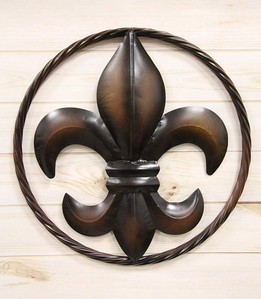 Ebros Gift Large 18" Wide Vintage Rustic Fleur De Lis Medallion with Braided Rope Border Design Metal Circle Wall Hanging Decor 3D Art Greeting Plaque Southern Western Country Decorative Accent