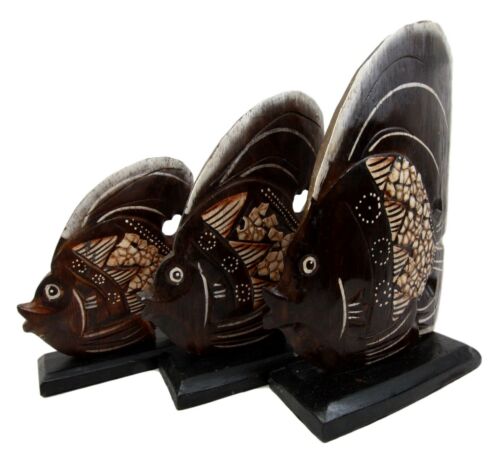 Balinese Wood Handicrafts Tribal Patterned Angel Fish Family Set of 3 Figurines