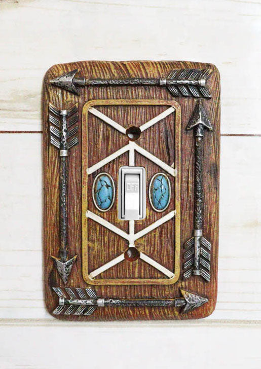 Faux Wood Tribal Indian Turquoise 4 Arrows Wall Single Toggle Switch Plates Set