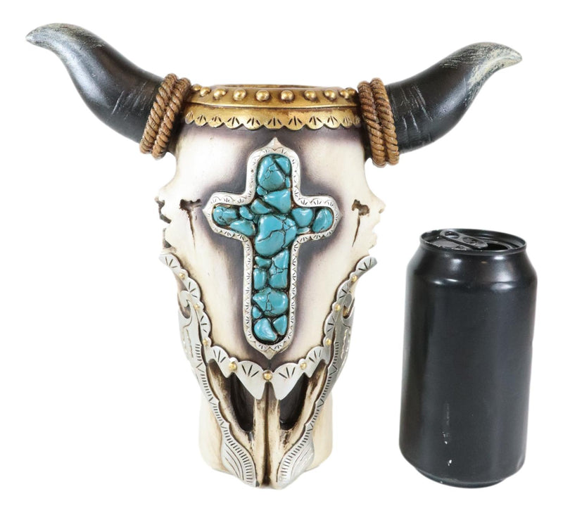 Western Rustic Cow Skull With Turquoise Rocks Cross And Ropes Vase Planter Decor