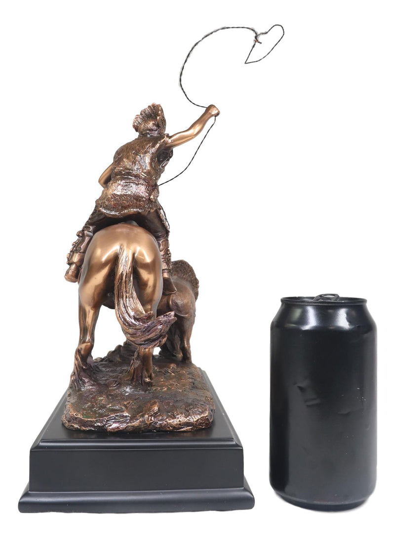 Tribal Native American Indian Hunter On Horse Roping Juvenile Bison Bull Statue