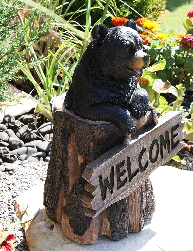 Ebros 13.5" Tall Welcome Sign Black Bear In Tree Bark Outdoor Decorative Statue - Ebros Gift