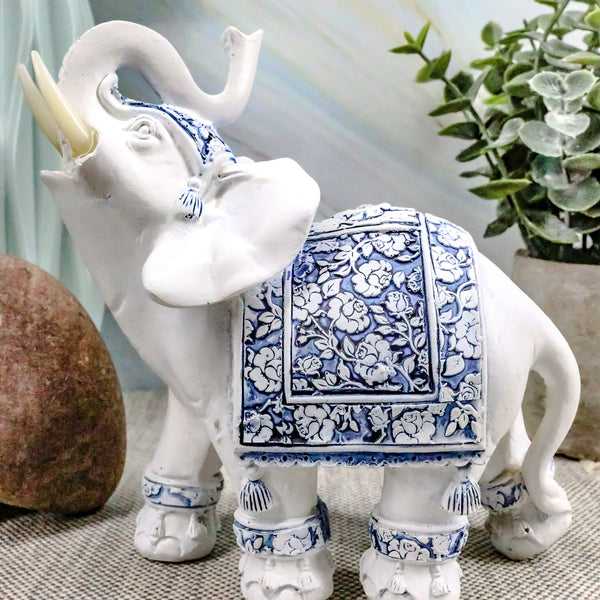◆BLUE ELEPHANT◆ GARDEN ivory 5005053986 Ebros Feng Shui Blue & White Floral Left Facing Elephant