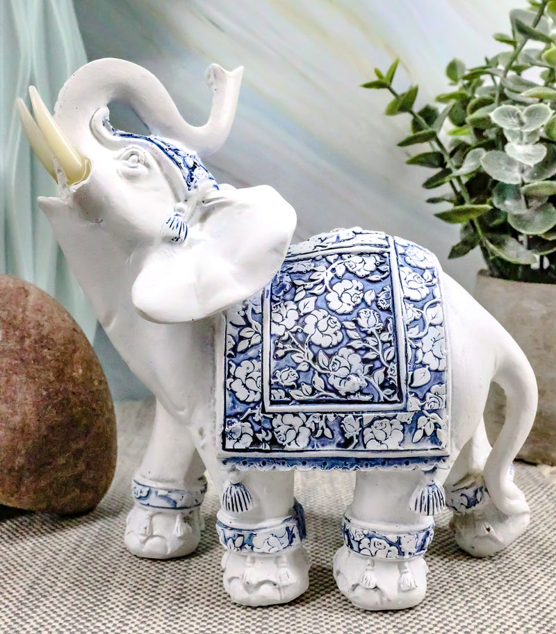 Ebros Feng Shui Blue & White Floral Left Facing Elephant With Trunk Up Figurine