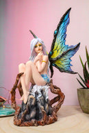 Dryad Nomad Budding Vines Winged Nude Fairy With Blue Florals On Rock Figurine