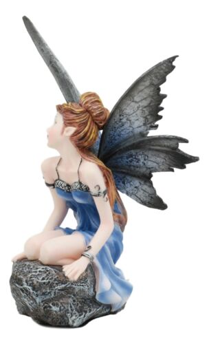 Ebros Pretty Blue Fairy Sitting On Rock Figurine 6.25" Tall Fairy Garden Decor Resin Statue