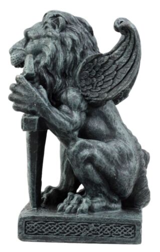 Ebros Stoic Notre Dame Sword Bearer Lion Heart Gargoyle On Pedestal Figurine 6"H