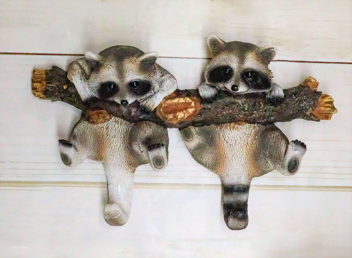 Forest Rustic 2 Playful Raccoons Dangling On Tree Branch 6 Pegs Wall Hook Decor - Ebros Gift