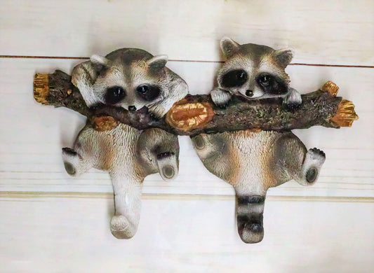 Forest Rustic 2 Playful Raccoons Dangling On Tree Branch 6 Pegs Wall Hook Decor - Ebros Gift