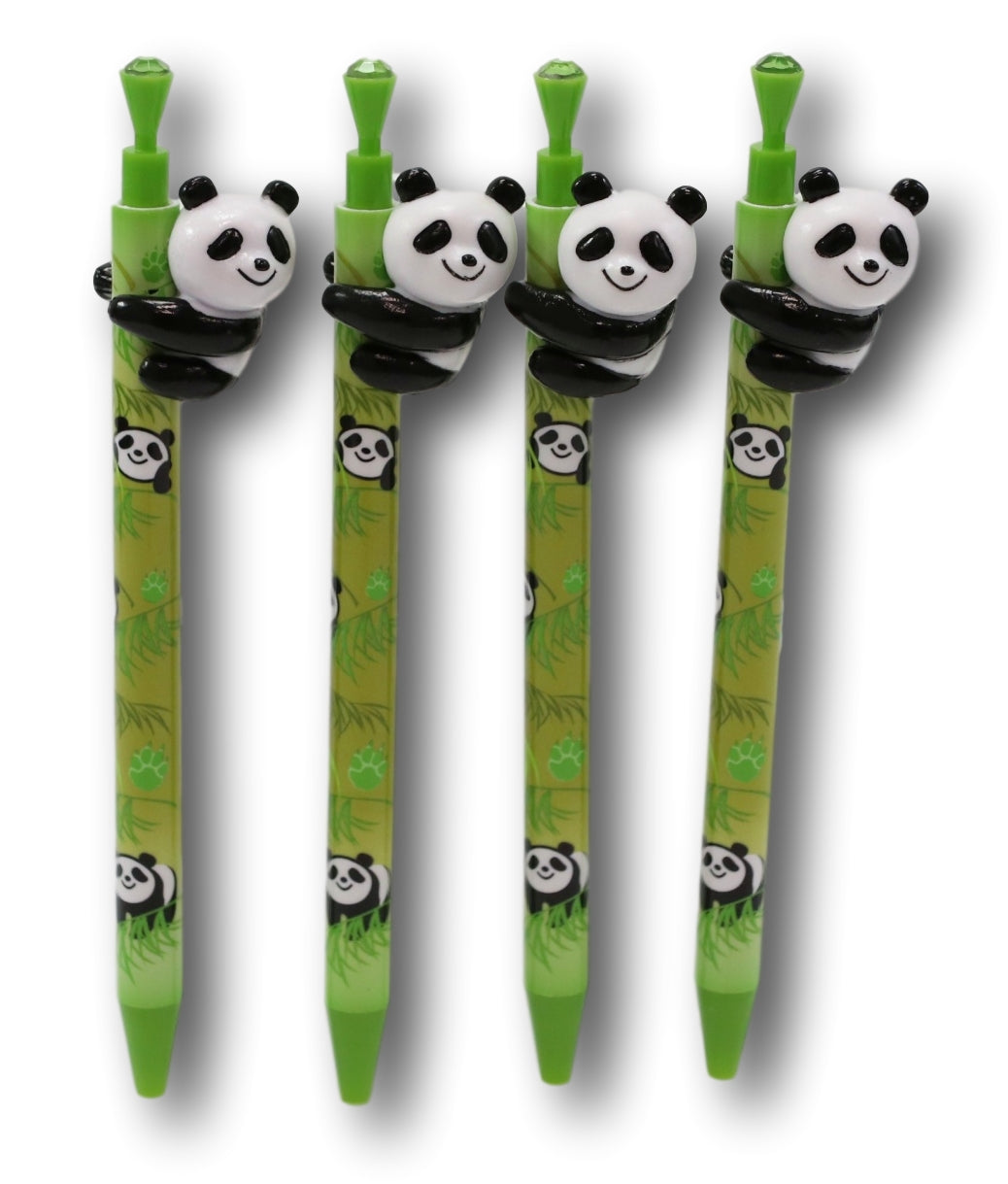 Pack Of 4 Panda Bear Cub Climbing On Bamboo Green Ballpoint Ball Black Ink Pens - Ebros Gift