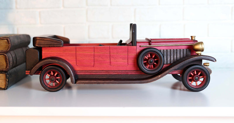Hand Made Wood Retro Style Pink Cabriolet Convertible Car Wine Holder Figurine