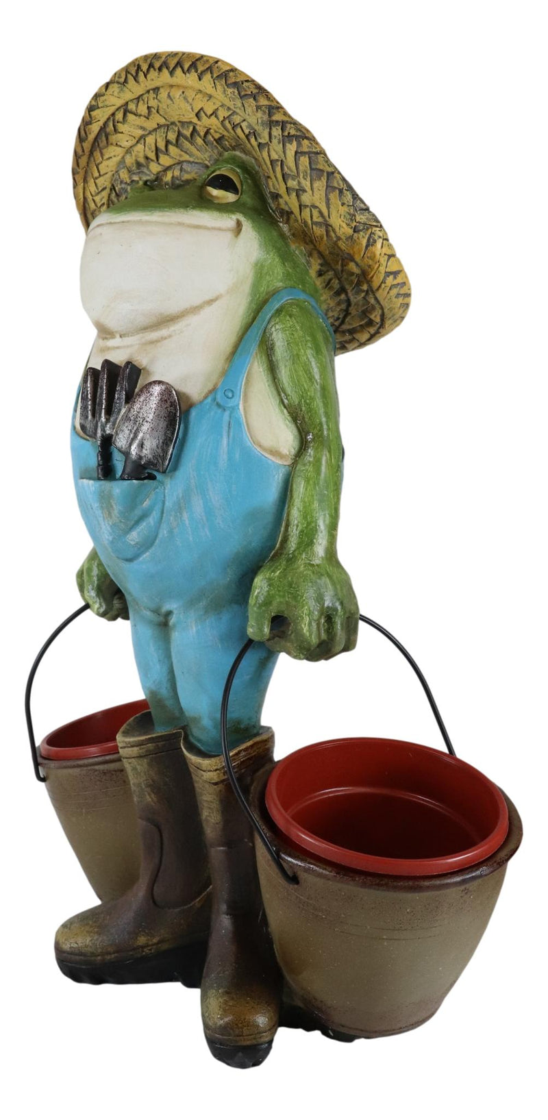 Green Thumb Frog Toad With Trowel and Fork Carrying Pails Planter Vase Statue