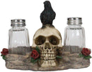 Ebros Day Of The Dead Raven Crow W/ Rose Skull Salt & Pepper Shakers Holder Set