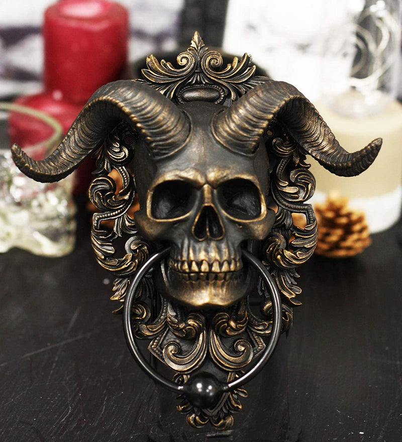 Horned-God Skull Door Knocker – Heavy Duty Gothic Baphomet Wall Decor, Cast Polyresin & Iron, Indoor/Outdoor