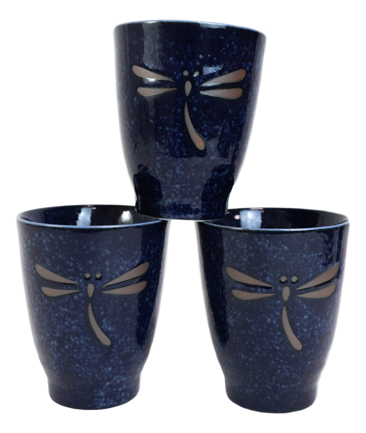 Japanese Zen Dragonfly Speckled Blue Porcelain 10oz Coffee Tea Cups Set of 4 - Ebros Gift