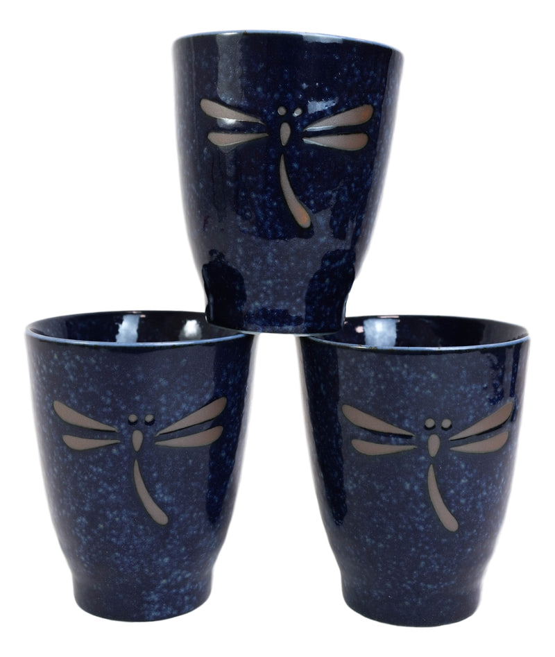 Japanese Zen Dragonfly Speckled Blue Porcelain 10oz Coffee Tea Cups Set of 4