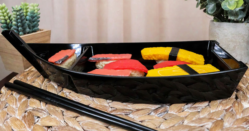 Ebros Japanese Black Plastic Lacquer Sushi Fishing Boat Serving Plate Set of Two