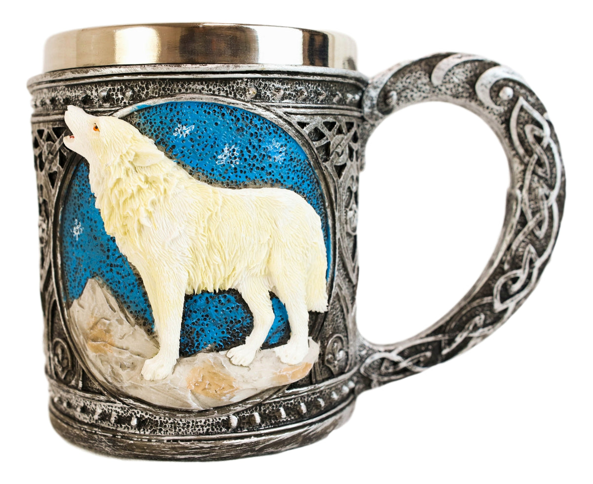 Starry Night Mountains Celtic Howling White Wolf Coffee Mug And Wine Goblet Set
