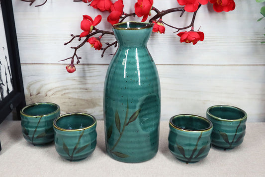 Ebros Japanese Design Porcelain Wetlands Reed Rice Wine Sake Flask With Four Cups Set - Ebros Gift