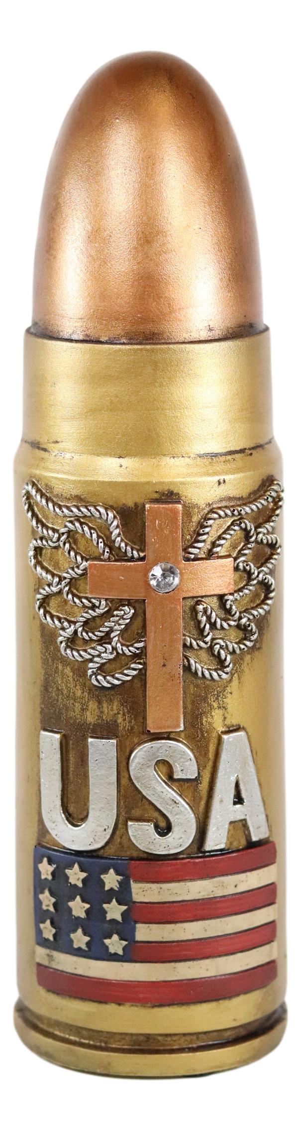 Western Rifle Bullet Casing Shell With USA Flag And Cross Money Coin Bank Decor