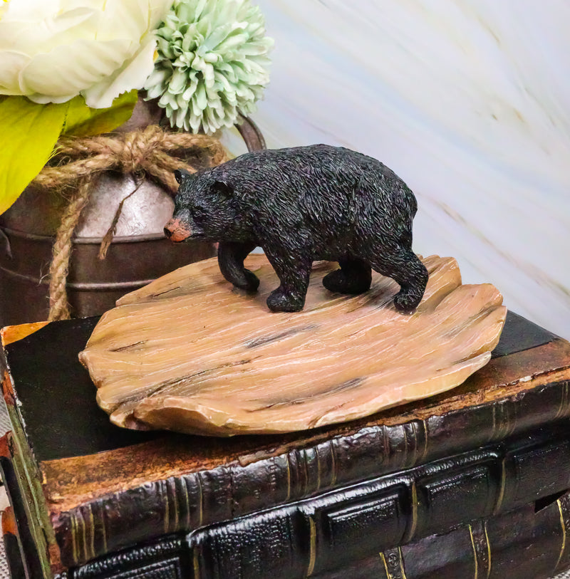 Ebros Rustic Forest Black Bear On Wood Base Soap Keys Coins Dish Resin Figurine