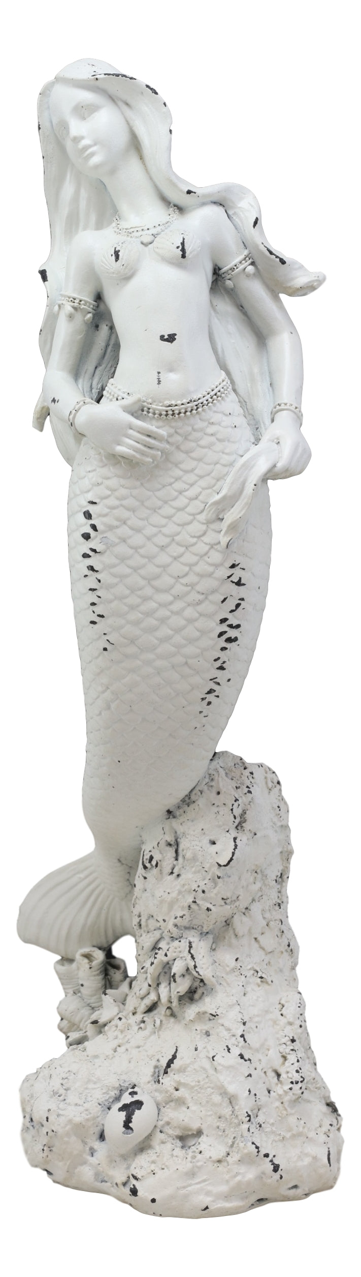 Rustic White Stone Finish Nautical Ariel Mermaid Standing By Coral Reef Figurine