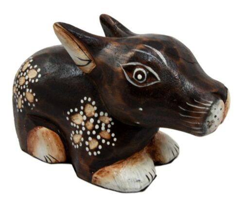 Balinese Wood Handicrafts Crouching Bunny Rabbit With Floral Tattoo Figurine 6"L