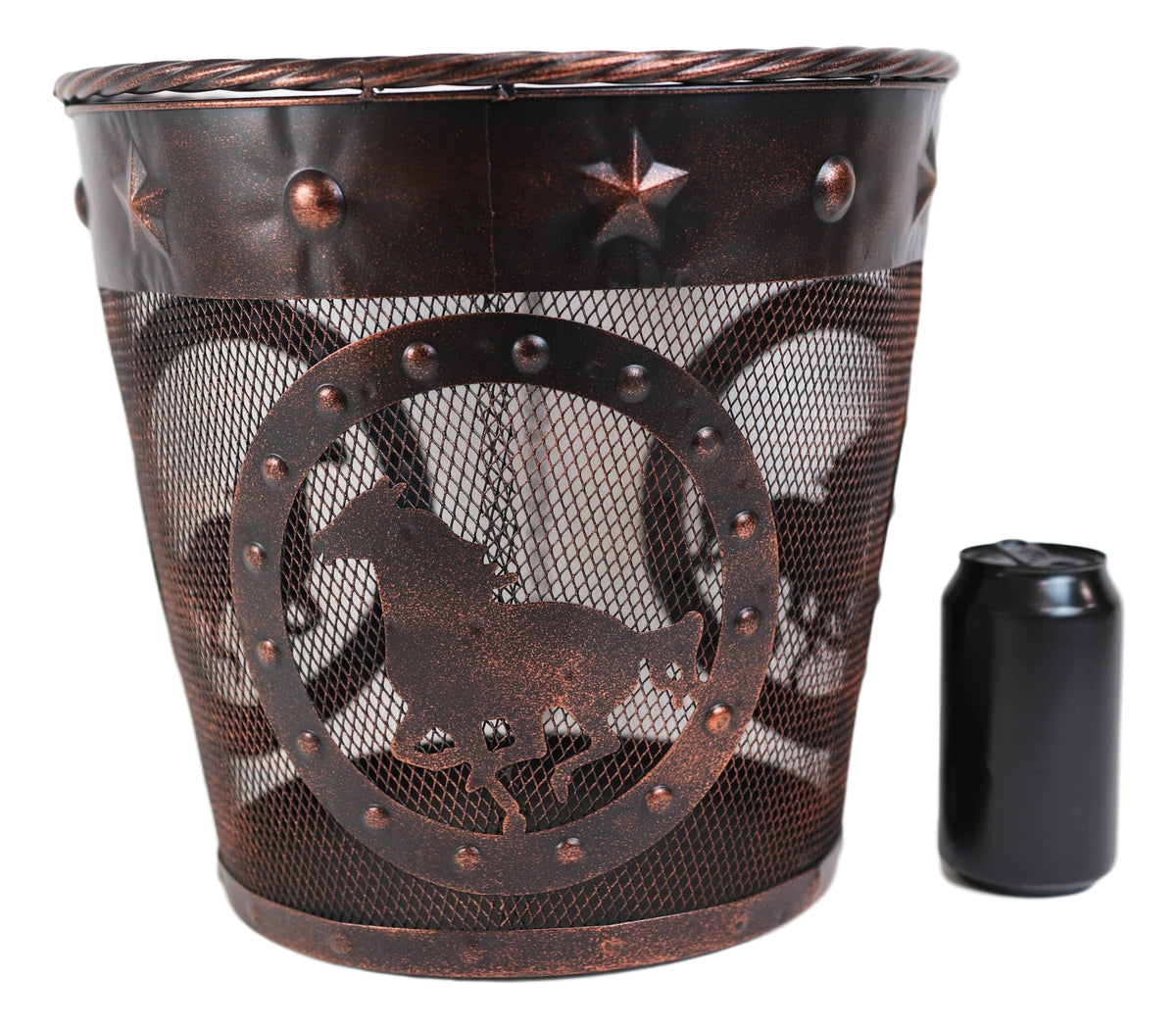 Rustic Western Horses Stars Studs Braided Rope Trim Metal Wire Waste Basket Bin - Ebros Gift