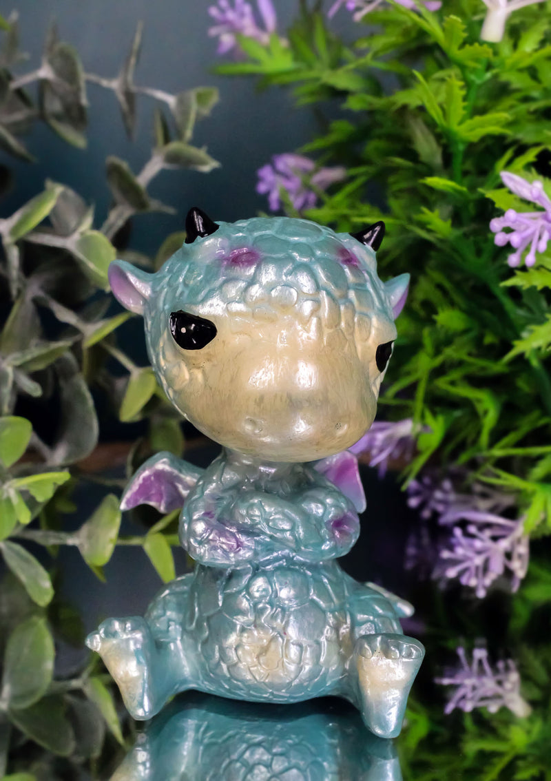 Whimsical Cute Blue Sulky Baby Dragon Wyrmling With Magenta Spots Mini Figurine