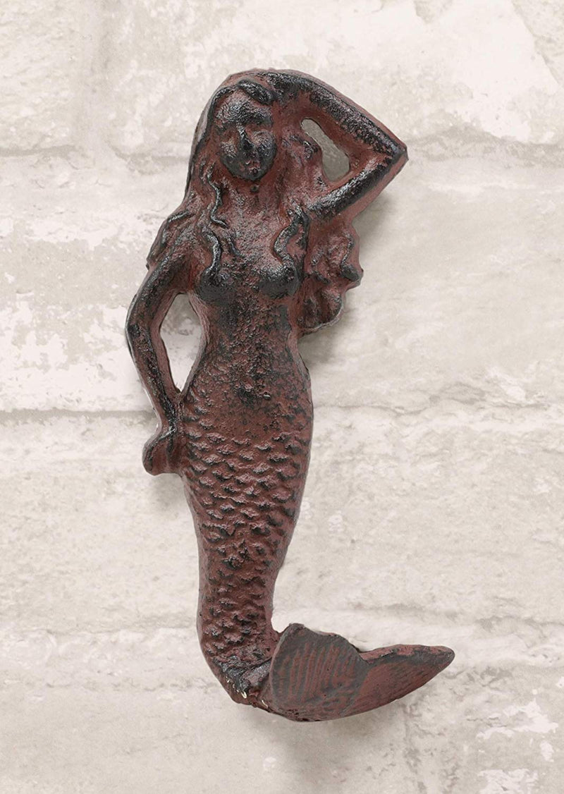 Ebros Gift 6" Tall Cast Iron Rustic Vintage Finish Wall Coat Hook Mermaids Decorative Accent Hooks for Keys Leashes Hats (4)