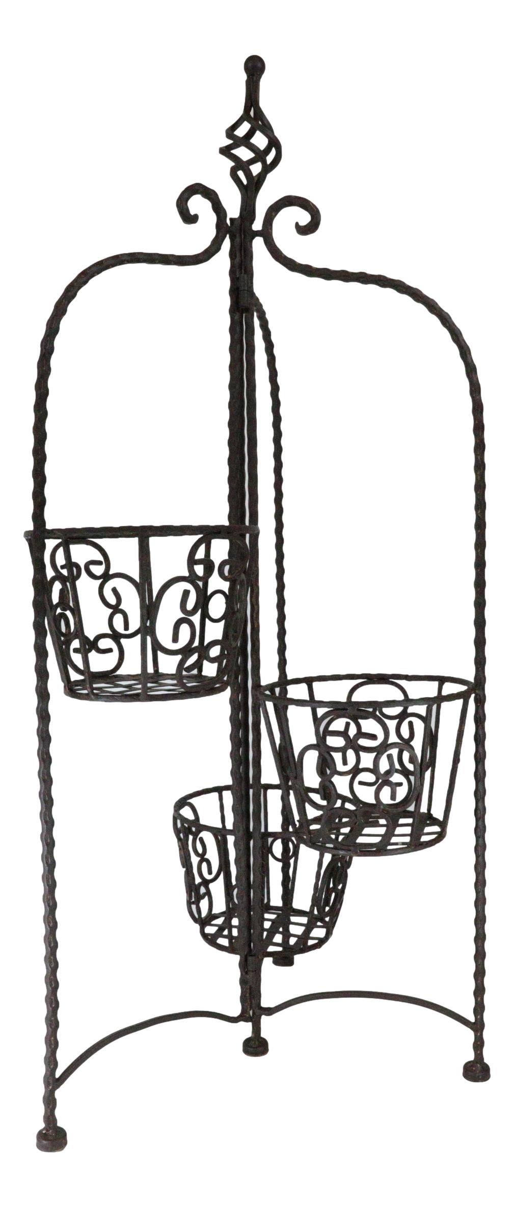 Vintage Rust Finish French Cottage Scroll Metal 3 Tiered Folding Plant Stand