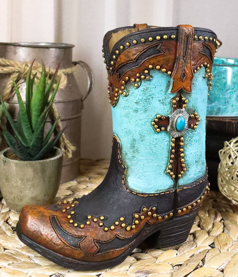7"H Rustic Western Cowboy Turquoise Boot Figurine Stationery Holder Flower Vase
