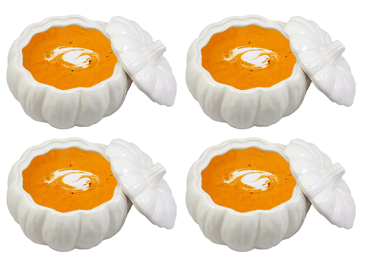 Ebros Ceramic Stoneware White Harvest Pumpkin Bowl With Lid 6"Diameter X 4Pieces