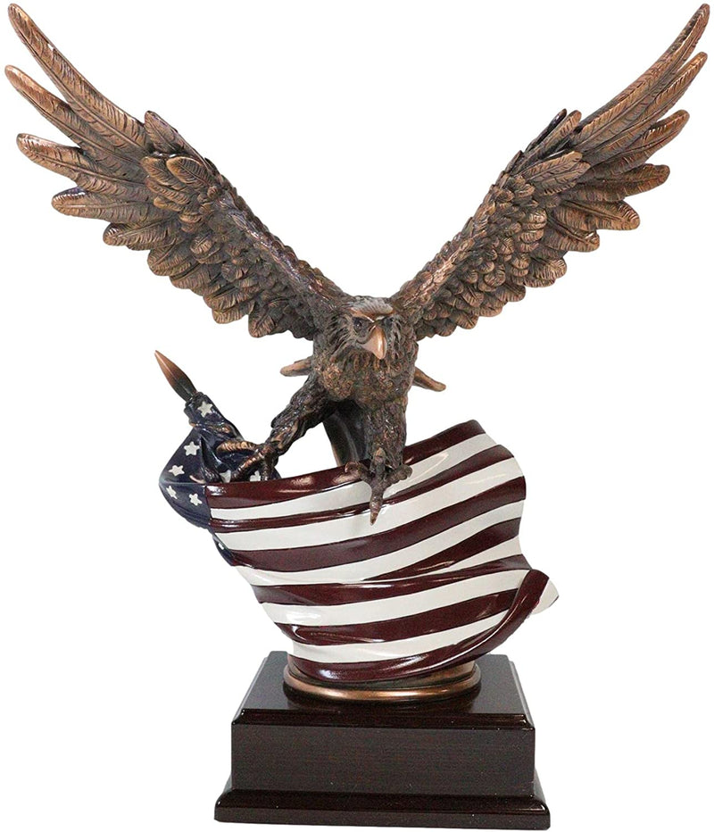 Flying Bald Eagle With American Flag Bronze Electroplated Figurine With Base