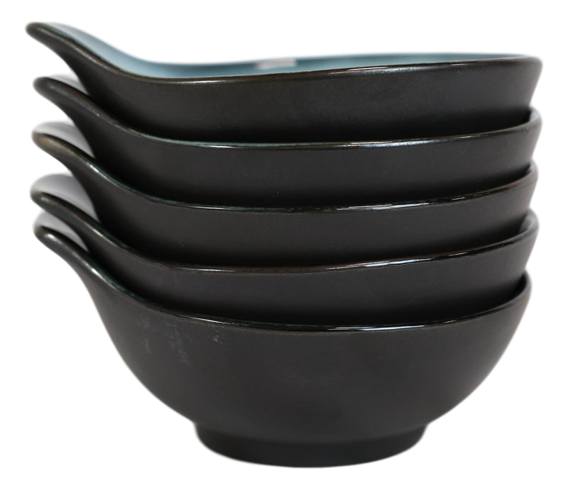 Pack Of 5 Ceramic Zen Blue Tempura Dipping Sauce Condiment Bowls With Handle