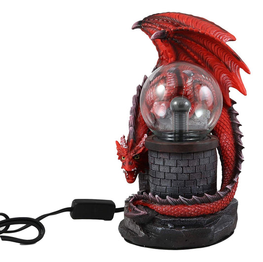 Large Dungeons Dragons Red Fire Dragon Guarding Castle Plasma Ball Lamp Statue
