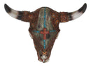 Western Turquoise Red Gems Cross Faux Leather And Wood Look Cow Skull Wall Decor
