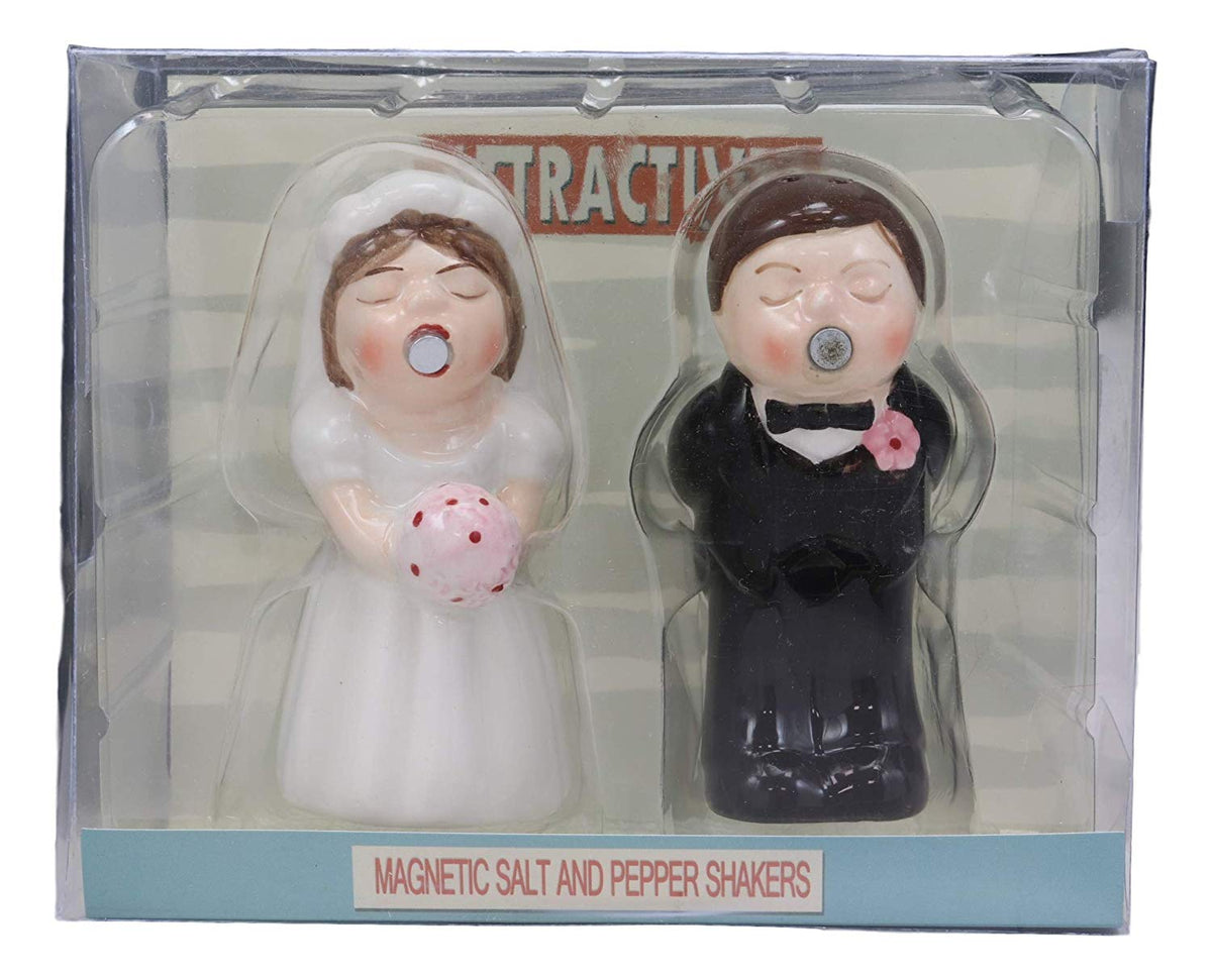 Ebros Romantic Bridal Wedding Kissing Bride And Groom Magnetic Salt Pepper Shakers Set - Ebros Gift