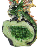 Metallic Green Iridescent Wyrmling Dragon On Faux Geode Crystal Rock Figurine