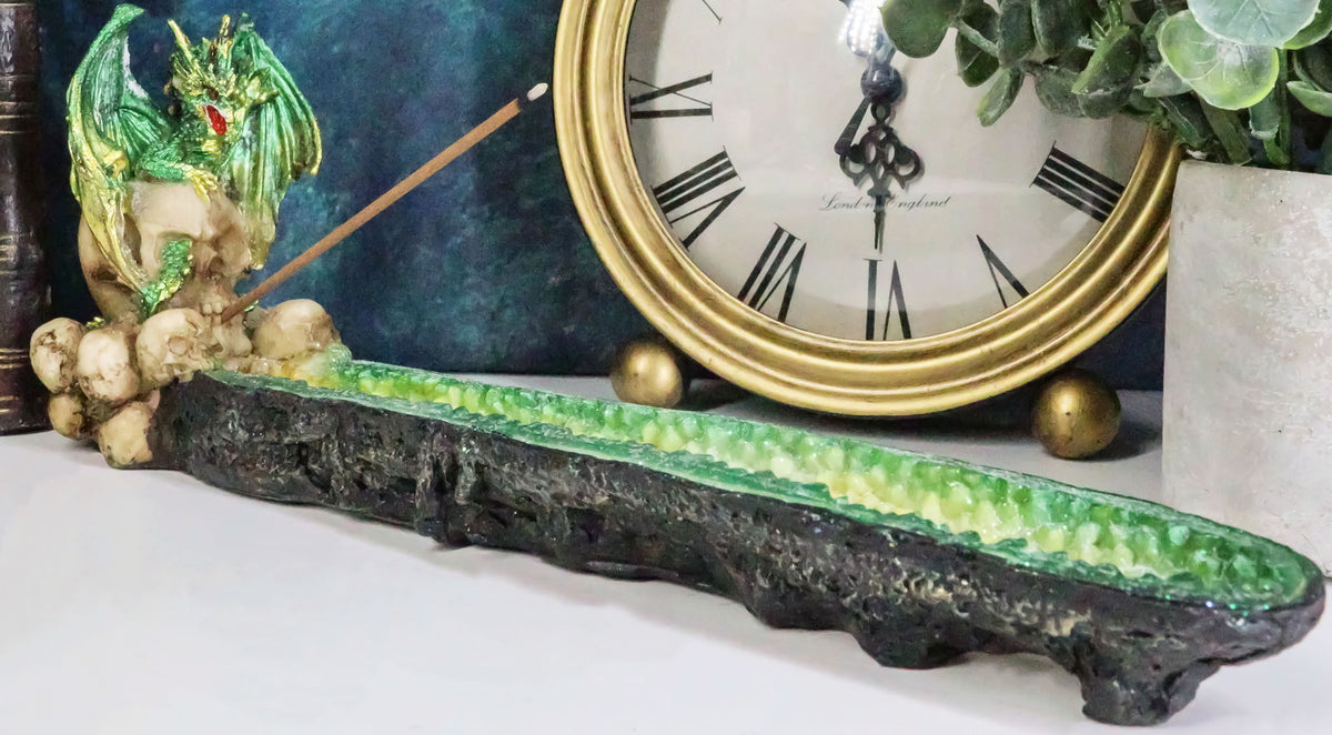 Ebros Green Dragon on Skull Stick Incense Burner 10.75" Length Functional Decor - Ebros Gift