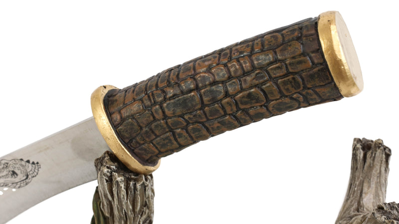 Swamp Bayou Crocodile Alligator Display With Decorative Dagger Knife Statue Set
