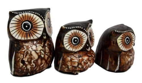 Balinese Wood Handicrafts Small Forest Owl Family Set of 3 Decorative Figurines