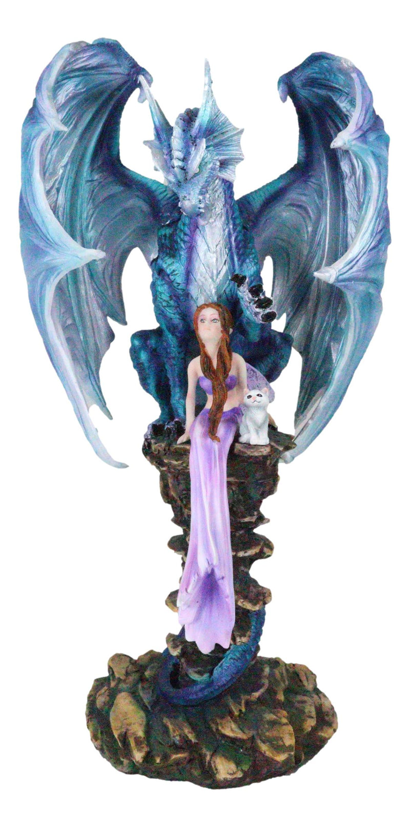 Giant Leviathan Blue Dragon Protecting A Young Princess Fairy With Kitten Statue