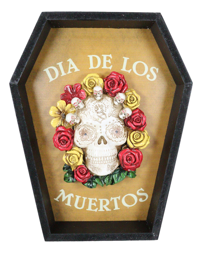 Dia De Muertos Tattoo Skull With Red And Yellow Flowers In Coffin Wall Decor