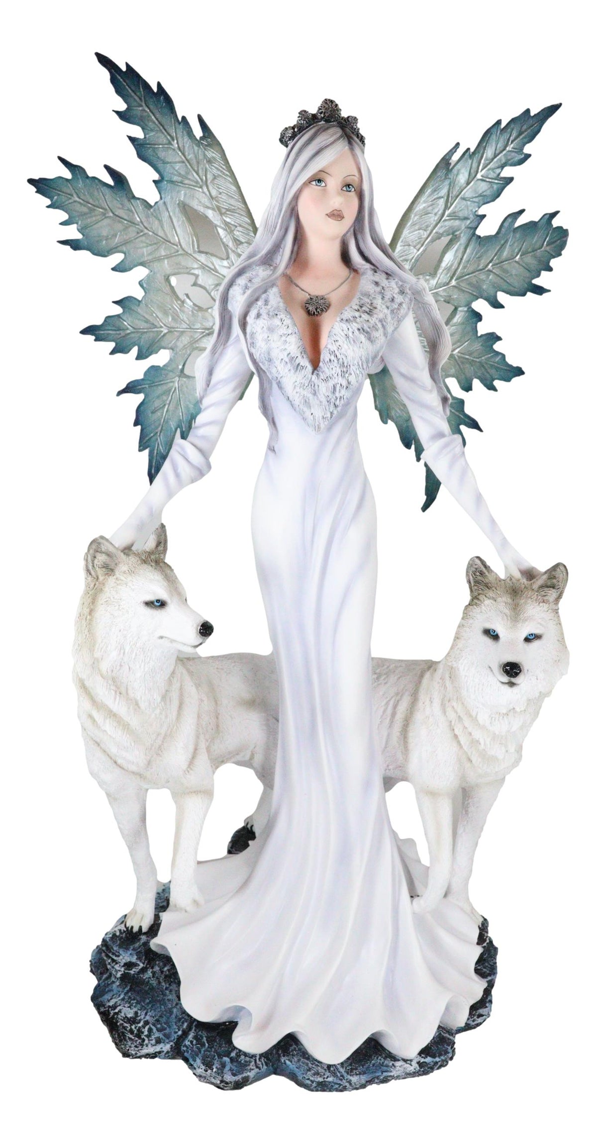 Large 23" Tall Blizzard Frost Flake Fairy With Two Snow Wolves Statue Figurine